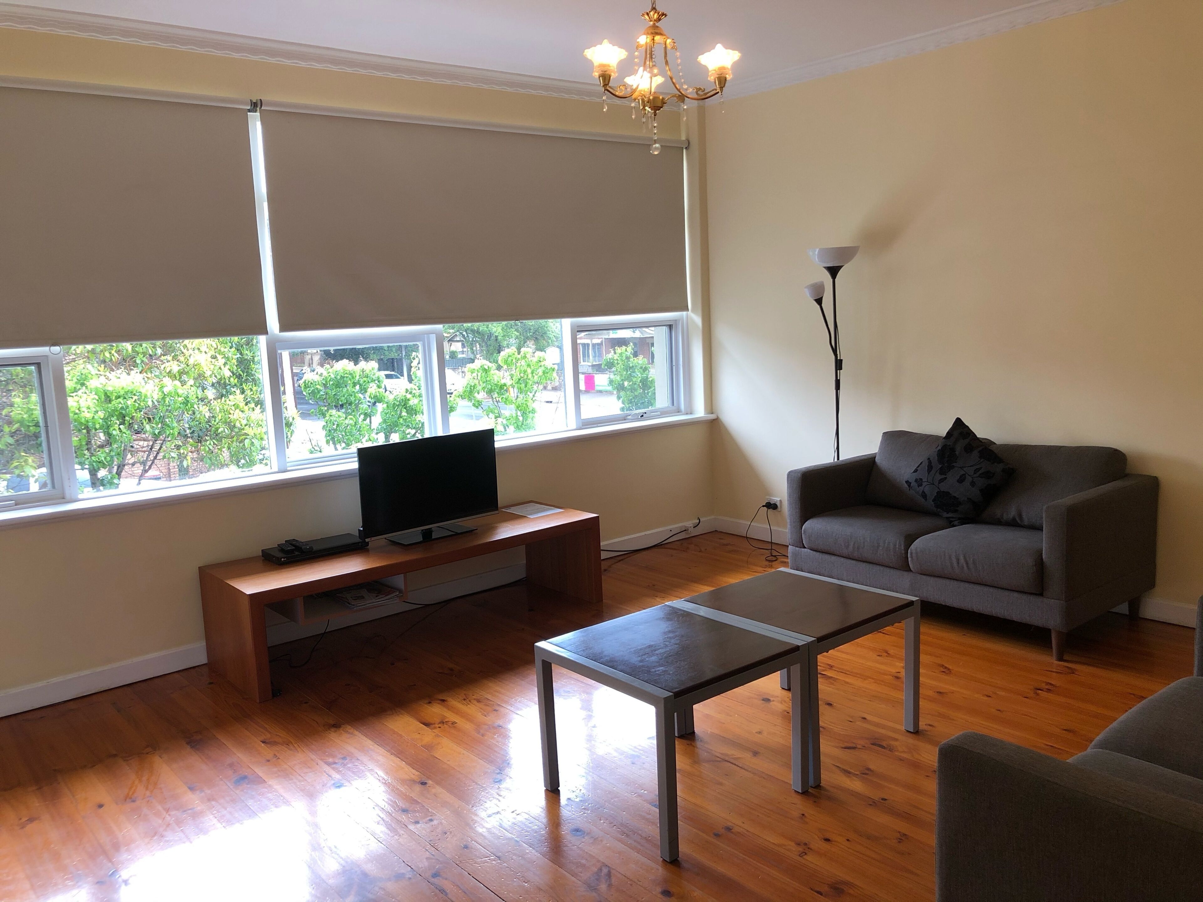 A living room with a TV on a wooden stand, a grey sofa, a floor lamp, and a window with blinds.