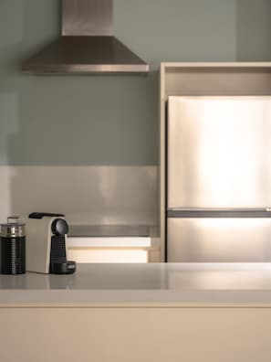 Full-size fridge, microwave, stovetop, espresso maker