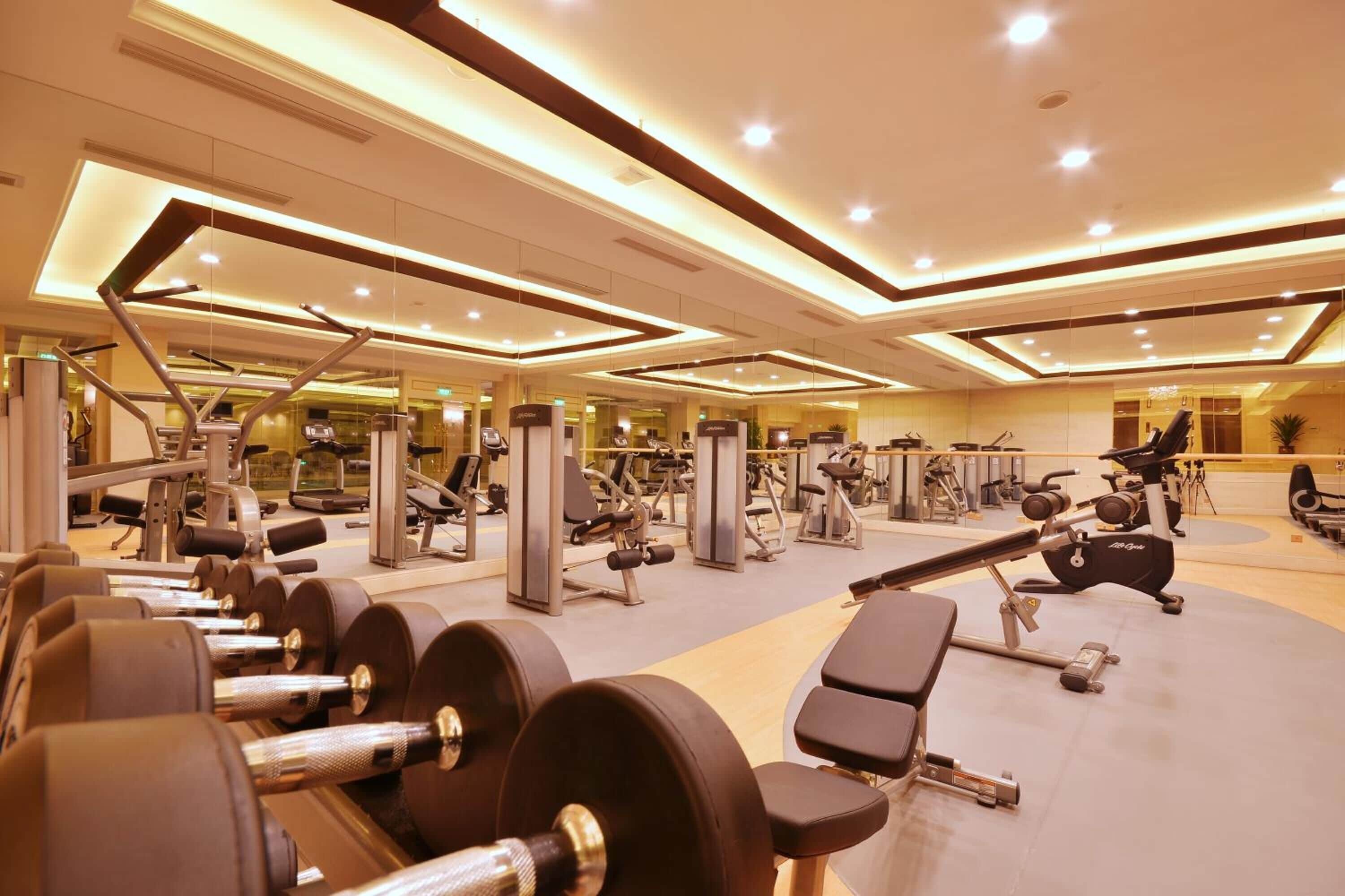 A modern gym with various exercise equipment, including dumbbells, treadmills, and weight machines.