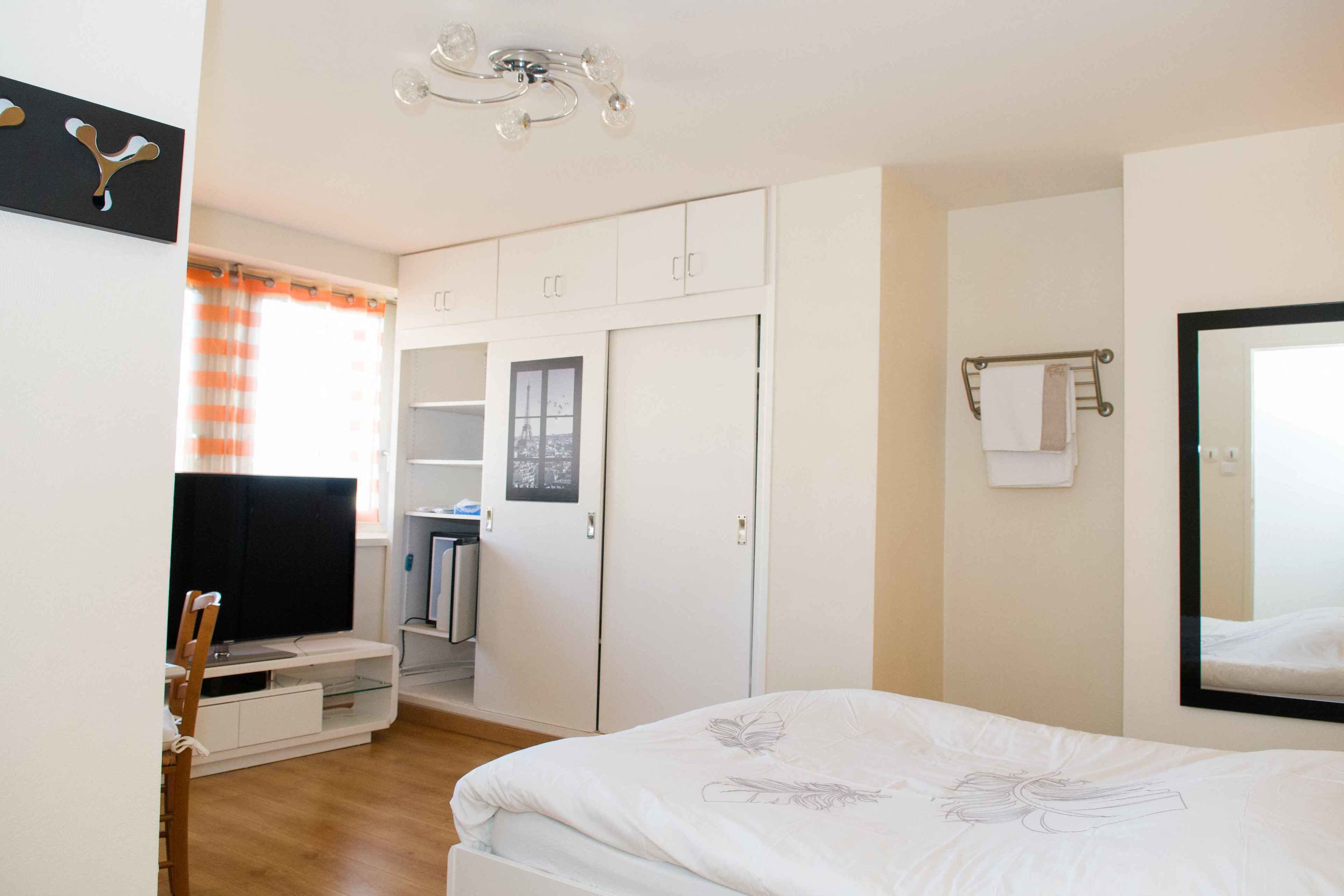 Een slaapkamer met een bed, een televisie, een kledingkast en een spiegel.
