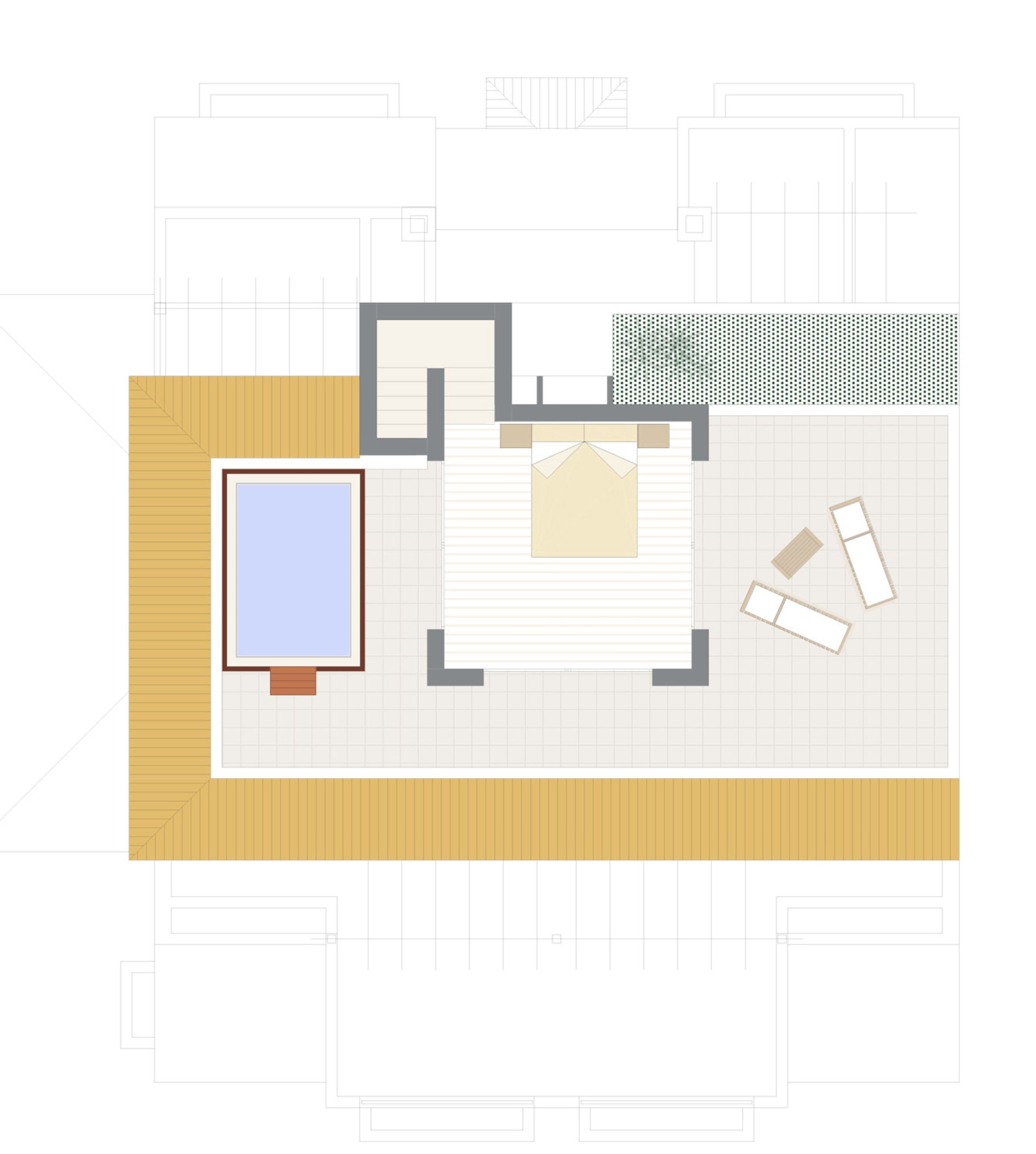 A floor plan of a hotel room with a bed, a bathroom, and a small seating area.