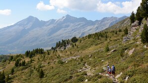Un sentier de randonnée en montagne, fréquenté par des randonneurs, entouré d’un paysage rocheux et d’une végétation clairsemée.