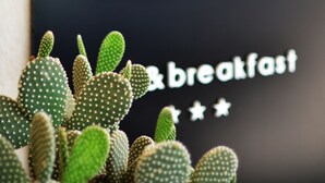 A wall with a cactus plant and a sign that reads "breakfast". - Lo spazio di Mima (Noto)