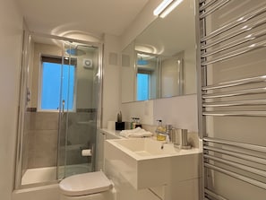 Une salle de bain moderne avec une douche à parois de verre, des toilettes blanches, un meuble-lavabo et un grand miroir.
