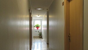 A hallway with a polished stone floor, a wooden door on the right, and a plant in the background. - Albergo Lucia (Tesero)