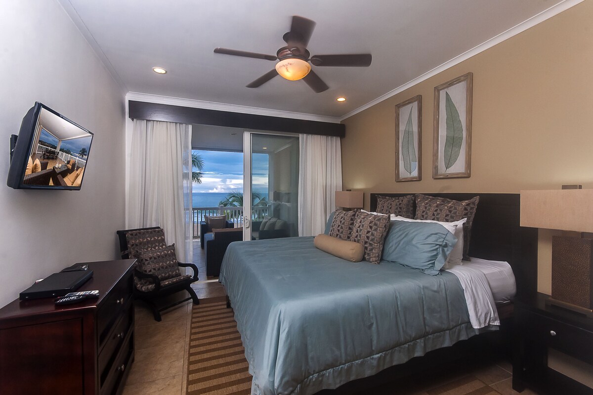 A hotel room with a bed, a desk, a chair, a ceiling fan, and a view of the outdoors.