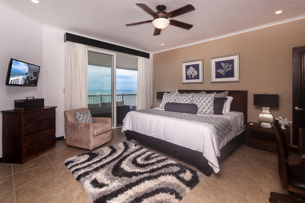 A bedroom with a bed, a chair, a TV, a ceiling fan, and a view of the outdoors.