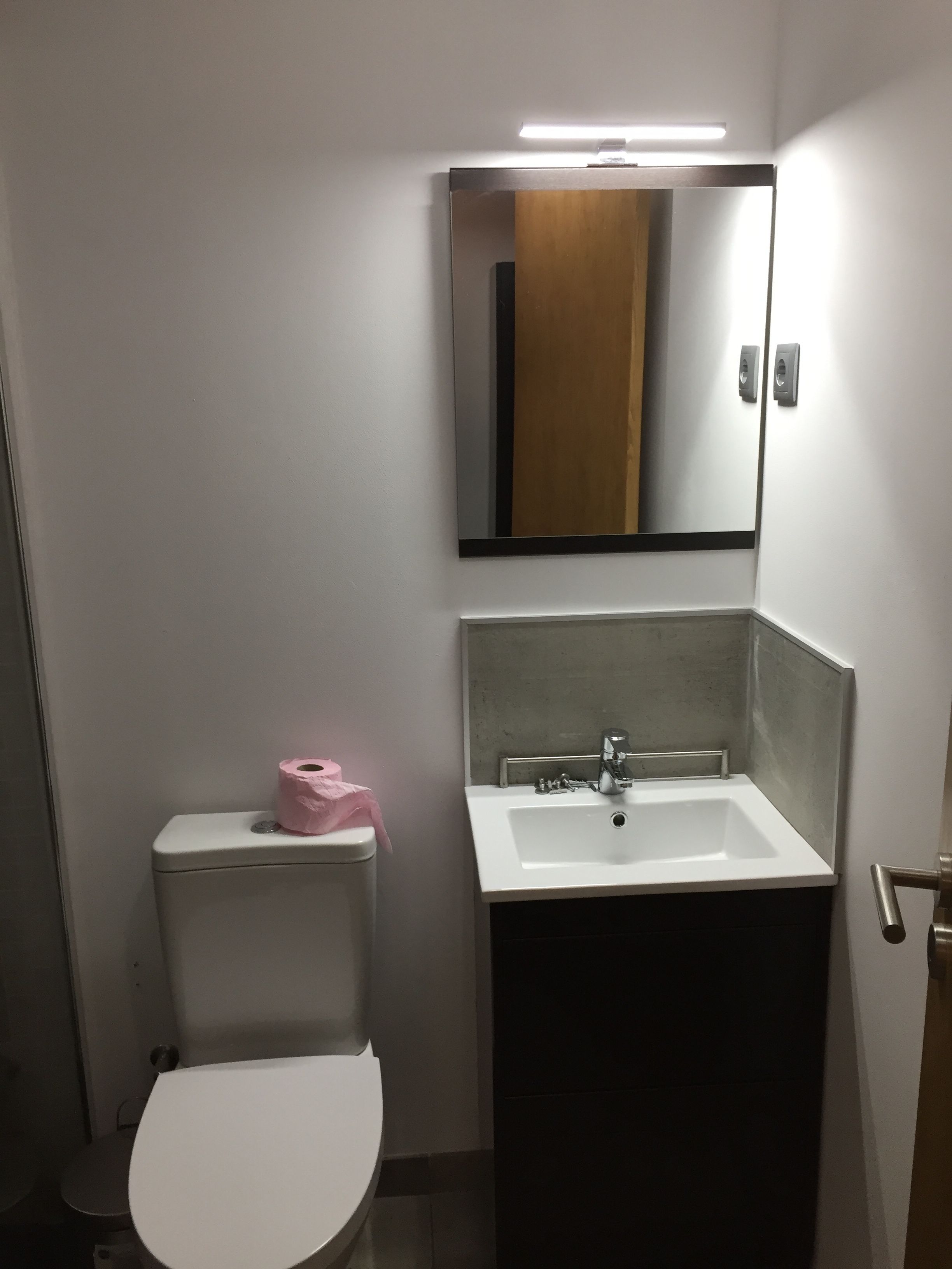Une petite salle de bain avec des toilettes blanches, un lavabo avec un miroir au-dessus et un rouleau de papier toilette rose posé sur les toilettes.