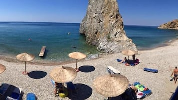 On the beach, sun-loungers, beach umbrellas