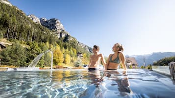 Indoor pool, outdoor pool, pool umbrellas, sun loungers