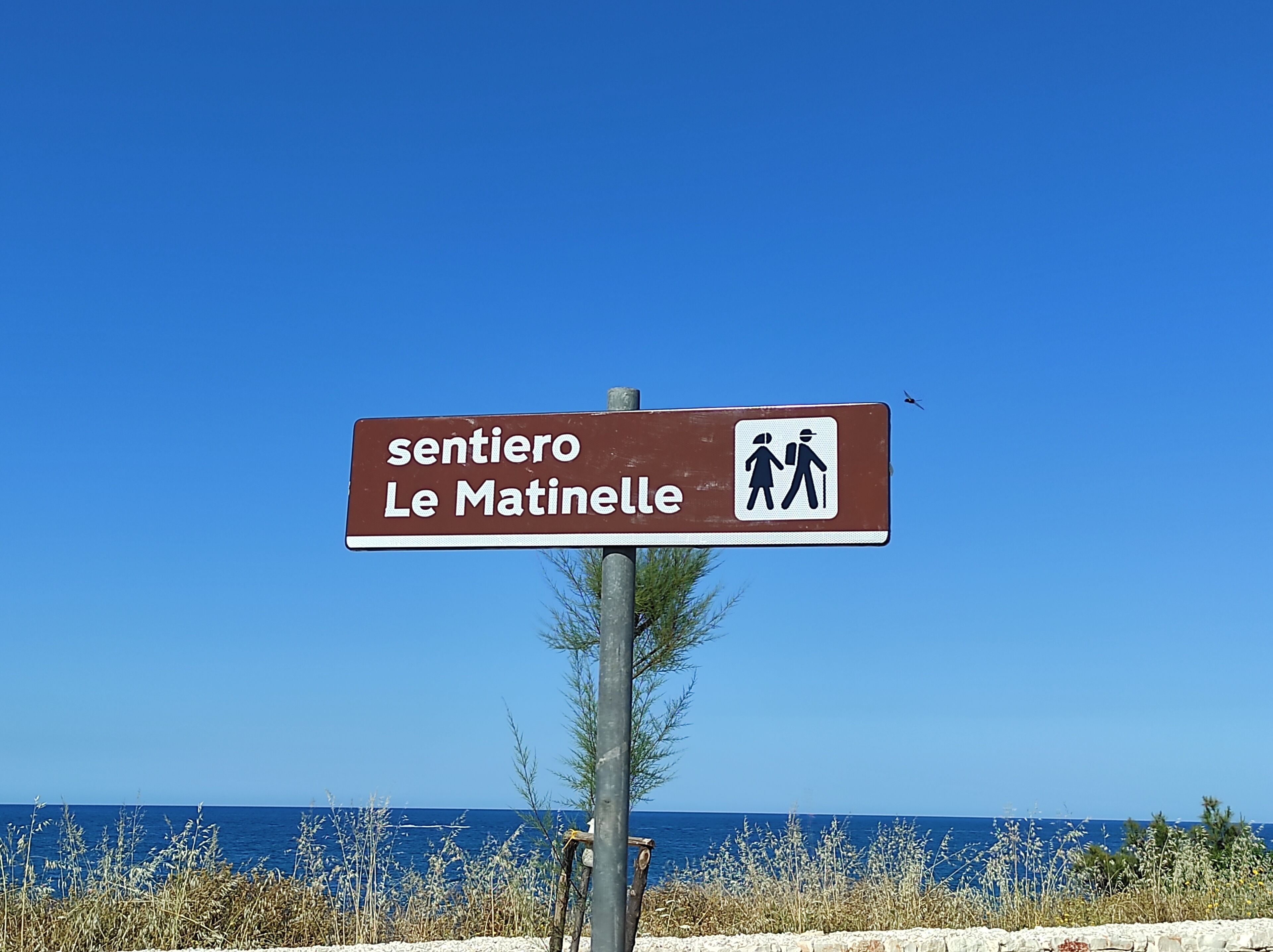 A sign with 'sentiero Le Matinelle' and symbols for walking and hiking.