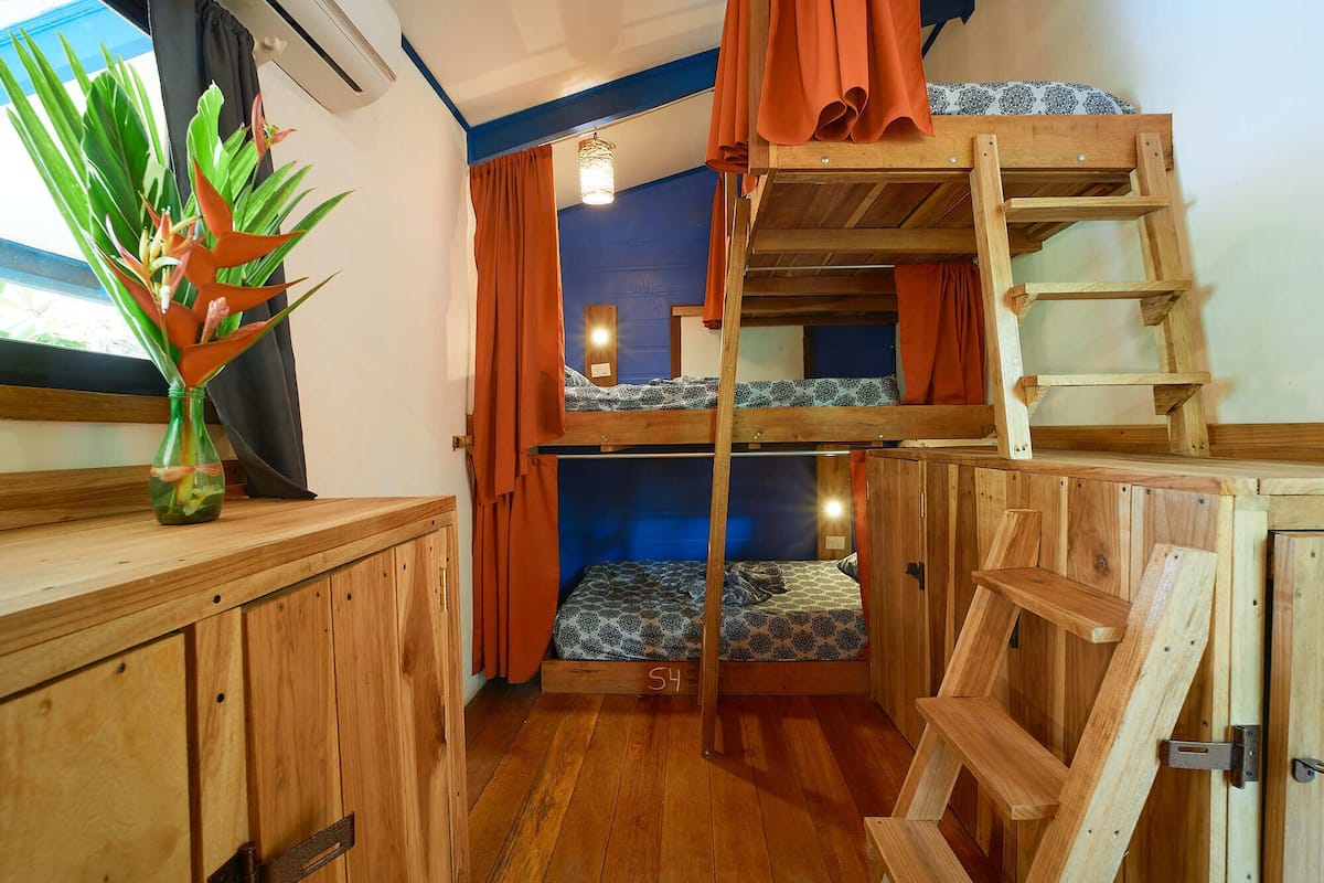 Une chambre avec un lit superposé, des murs en bois, une fenêtre avec des rideaux, une plante et une échelle.