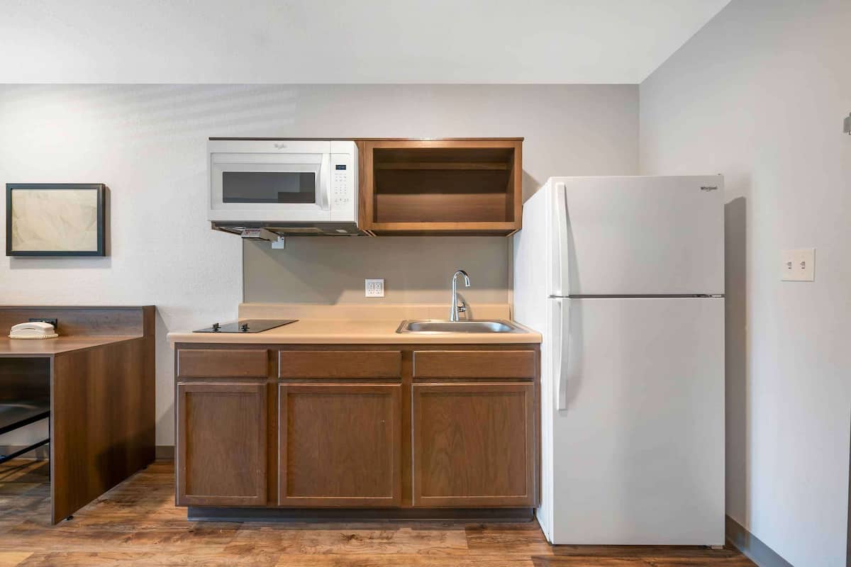 full-sized fridge, microwave, stovetop, freezer