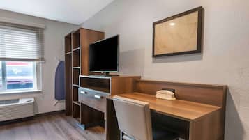 Desk, laptop workspace, free WiFi, bed sheets