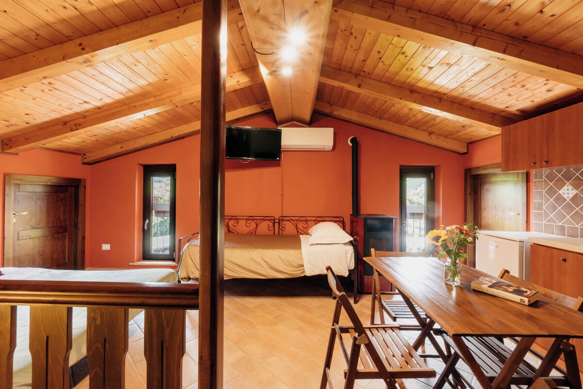 A cozy bedroom with a wooden ceiling, a bed, a bedside table, and a TV mounted on the wall.