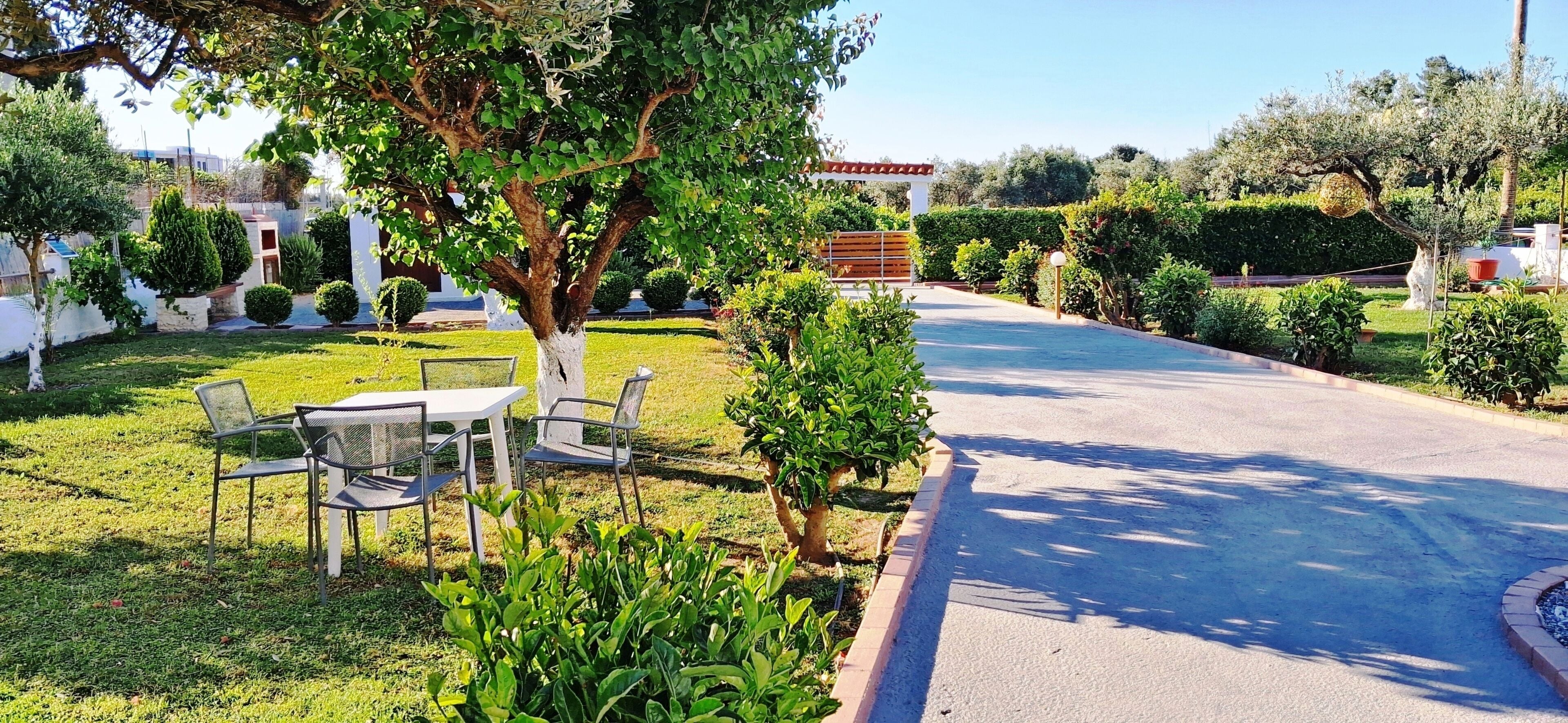 A garden with a table and chairs, a pathway, and various plants.