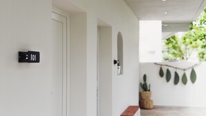 A modern interior with a white door, a black sign with the number 101, and a potted plant. - Three Seasons (Corfu)