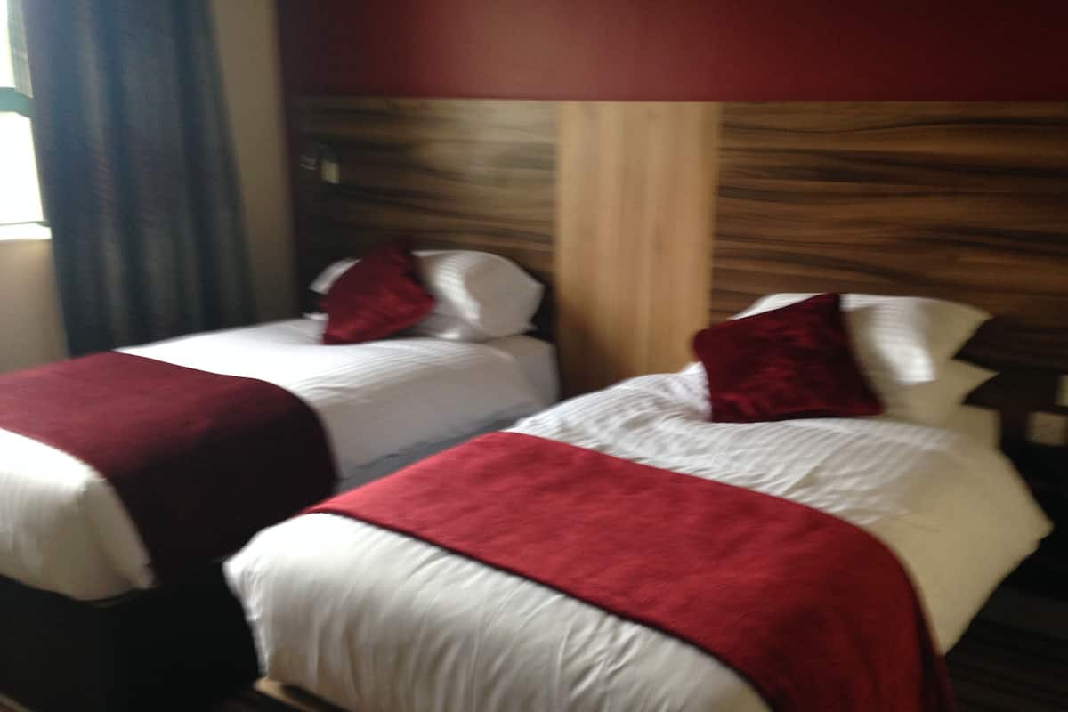 Two beds with red and white bedding, wooden headboards, and a striped carpet.