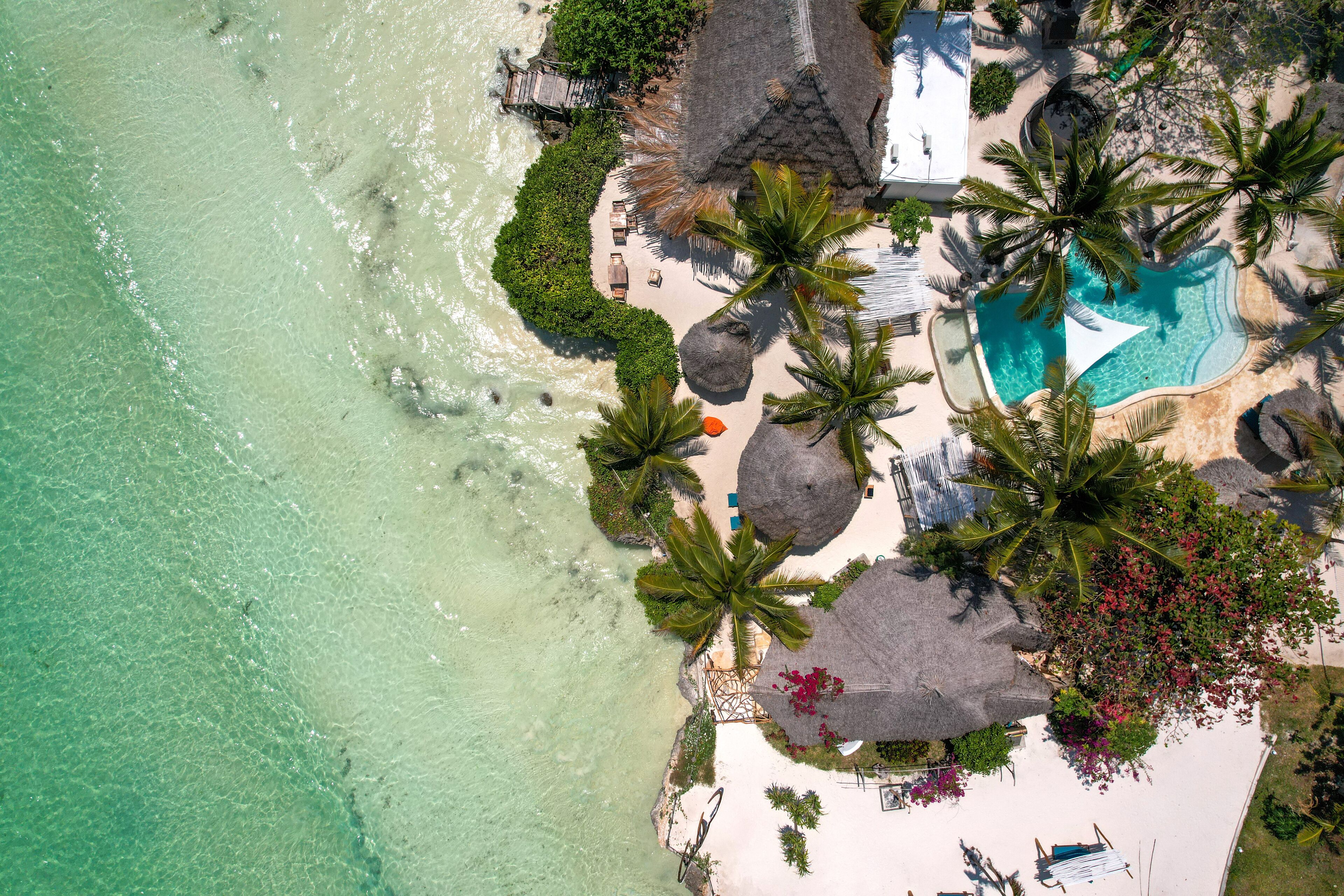 An aerial view of a beach resort with a swimming pool, palm trees, and a thatched-roof structure.