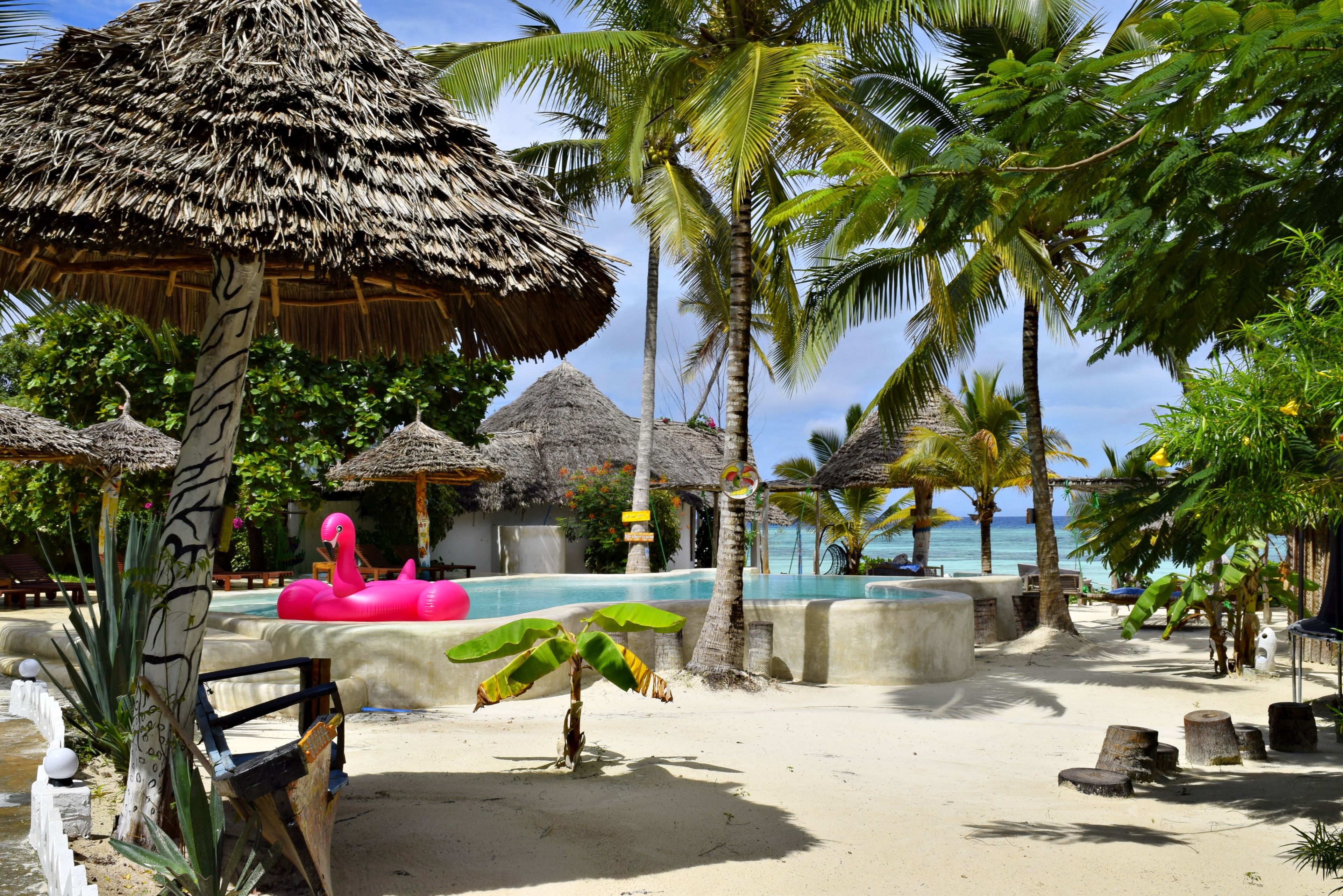 A beachside pool area with thatched umbrellas, palm trees, and a pink flamingo float.