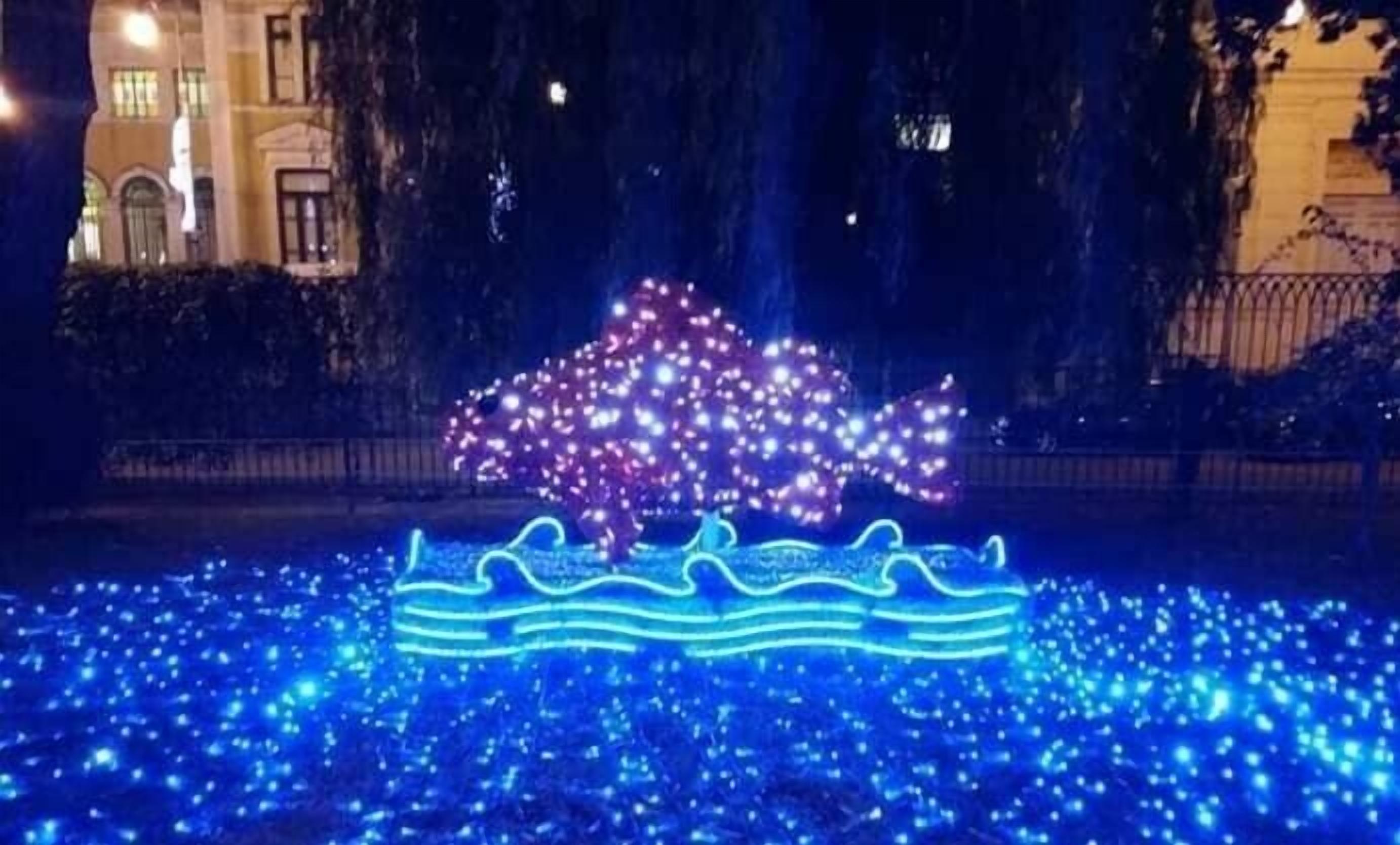 Una vista notturna di un parco con una scultura decorativa a forma di pesce e onde illuminate a terra.