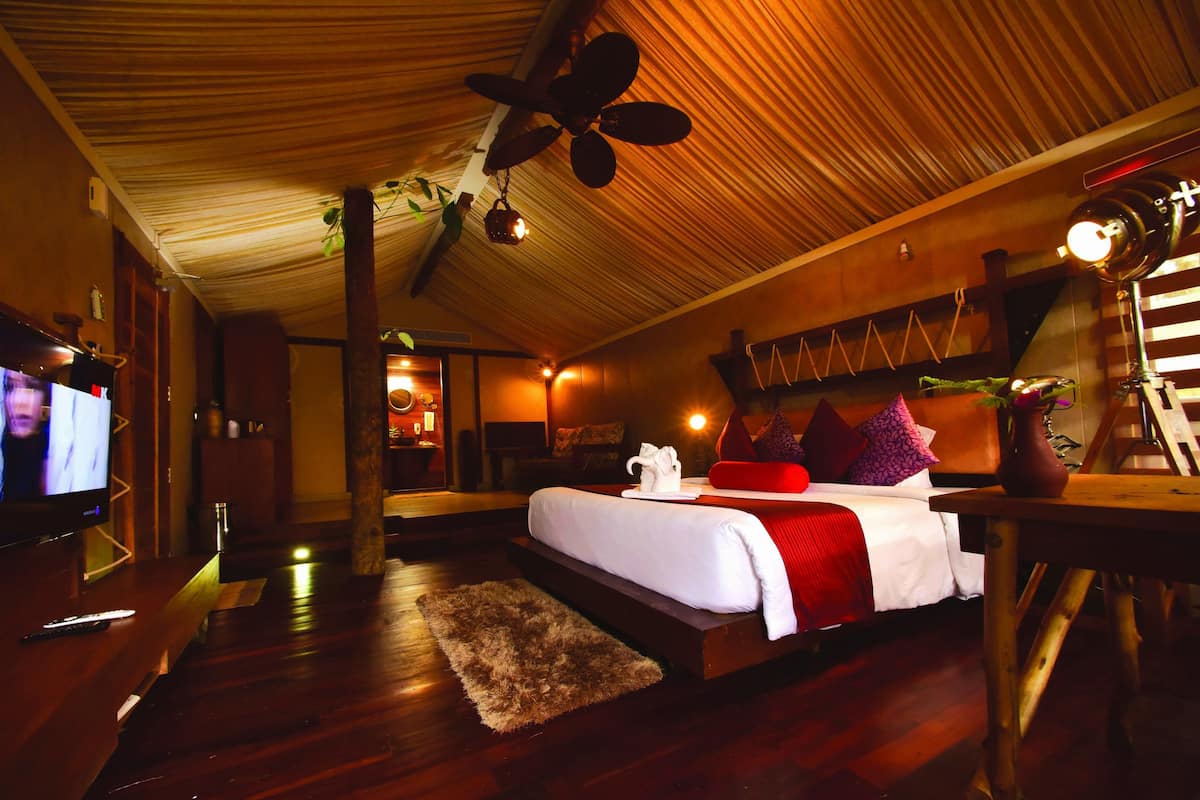 A bedroom with a large bed, wooden ceiling, and a television on the left.