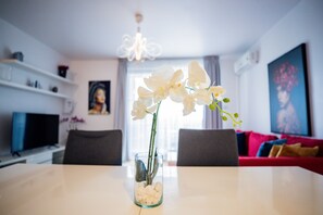 Leilighet – basic, 1 queensize-seng med sovesofa | Oppholdsområde | LED-TV