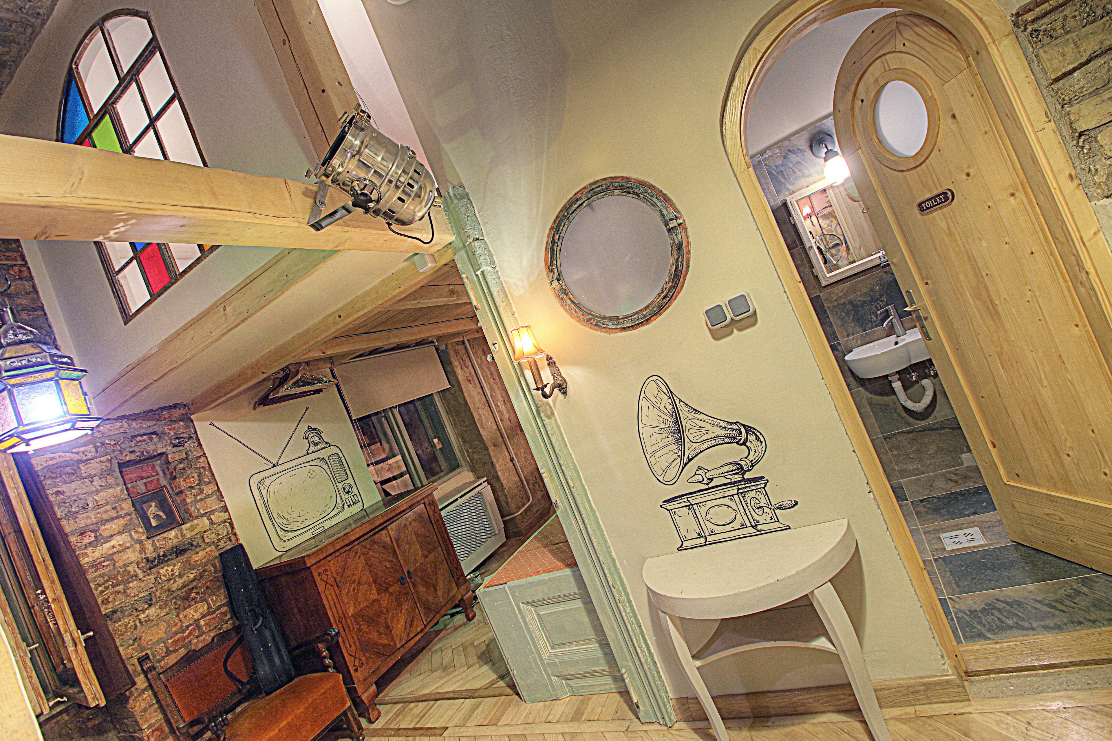 A room with a wooden ceiling, a brick wall, a vintage television, a mirror, and a wooden door marked "toilet".