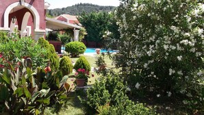 A garden with a swimming pool, a building with a red facade, and a hill in the background. - Villa de Loulia Hotel (Corfu)