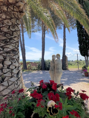 Un jardin avec un mur de pierre, des palmiers et des fleurs rouges.