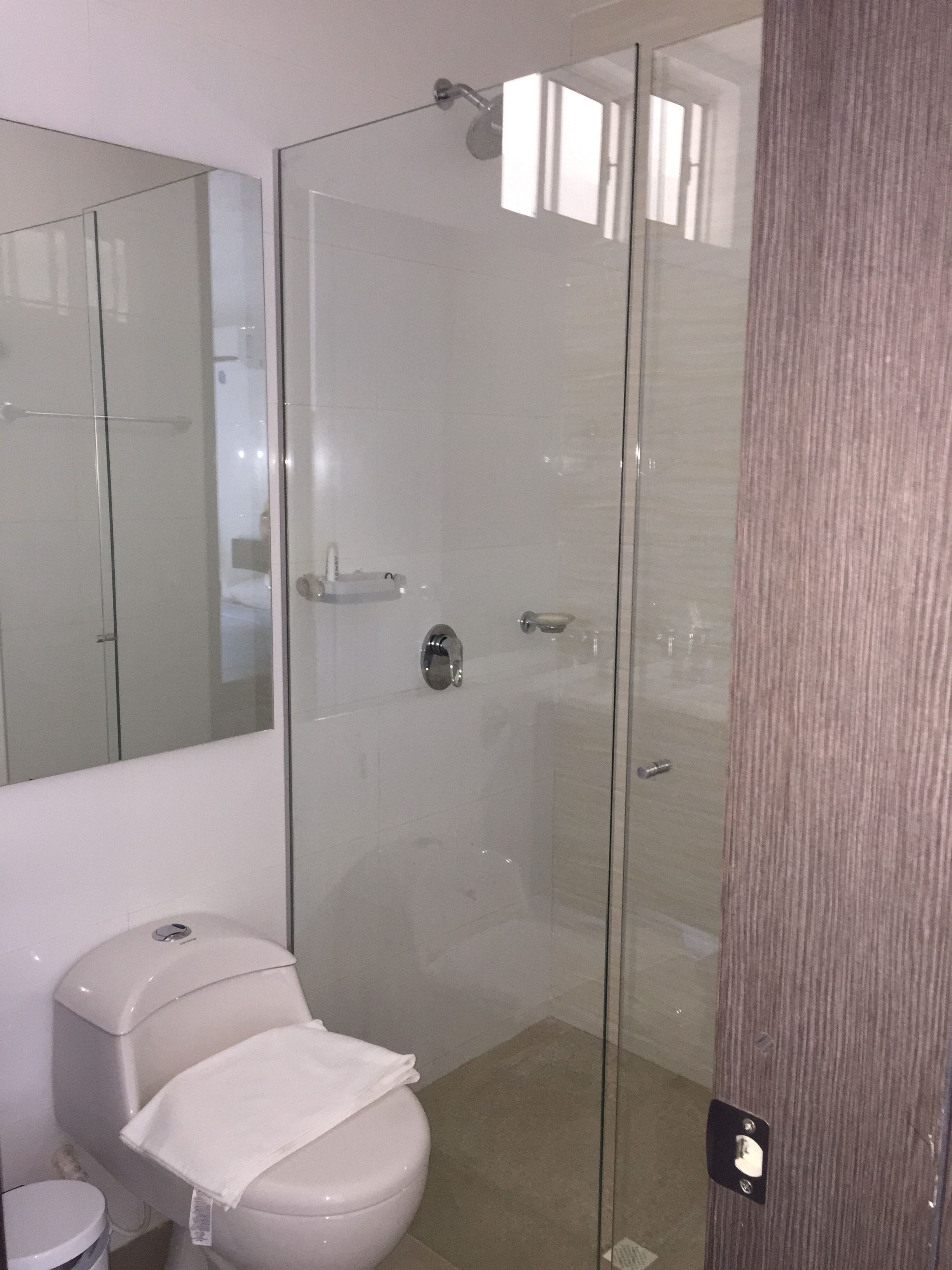 A modern bathroom with a glass-enclosed shower, a toilet, and a mirror.