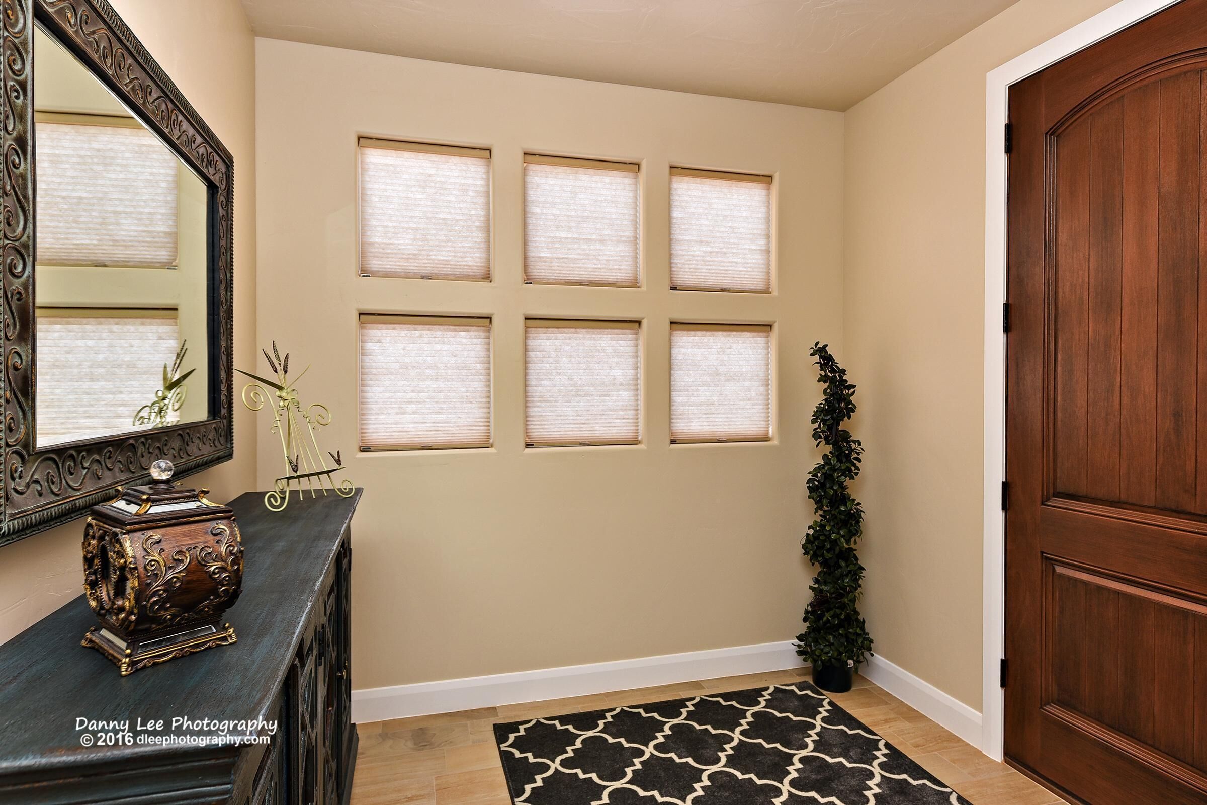 A hallway with a wooden door, a mirror, a decorative item on a dresser, and a potted plant.