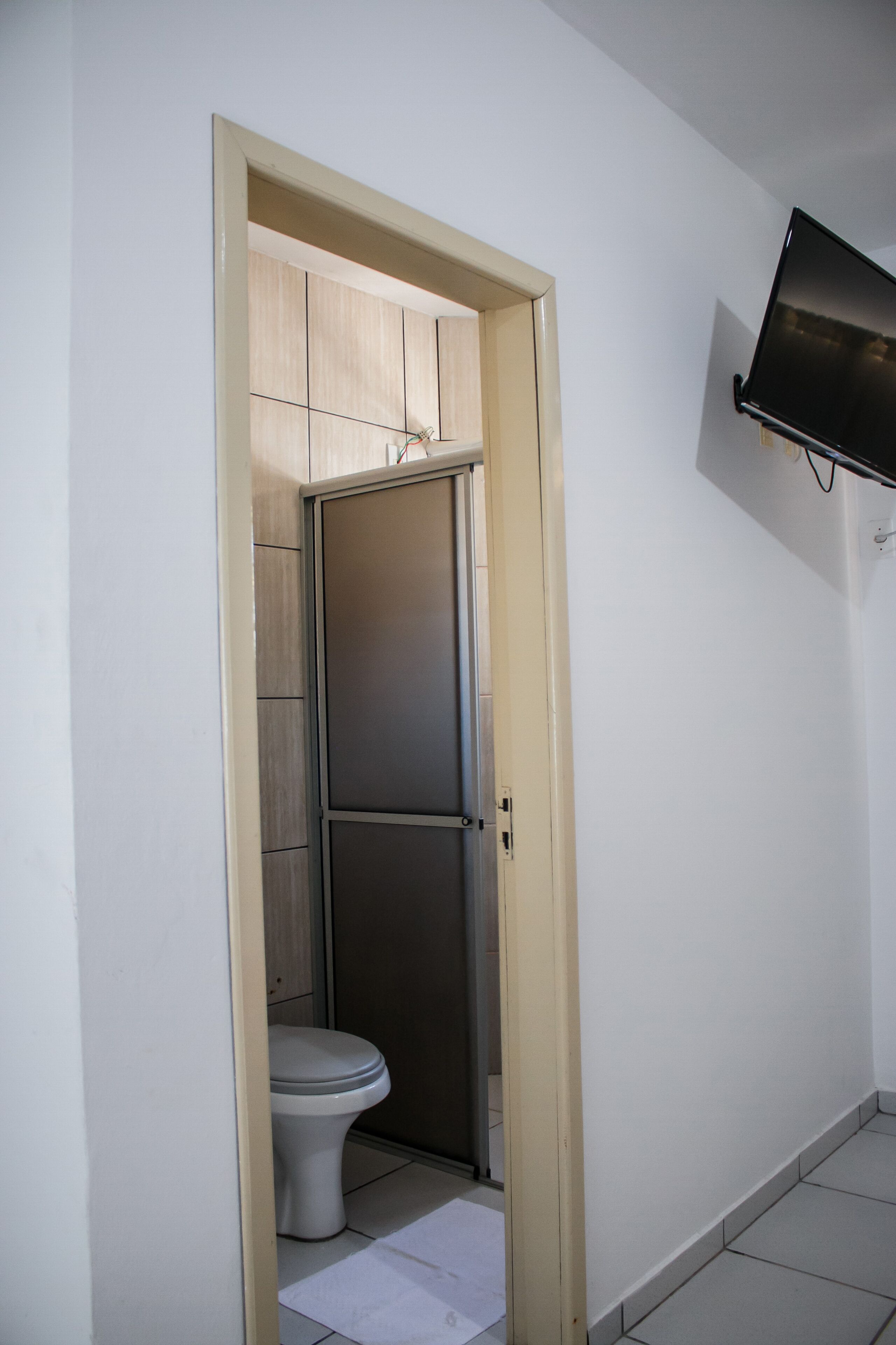 A bathroom with a toilet, a shower, and a television mounted on the wall.