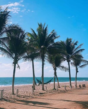 A beach with palm trees and a hammock. - Pousada Sal e Mar (Ipojuca)