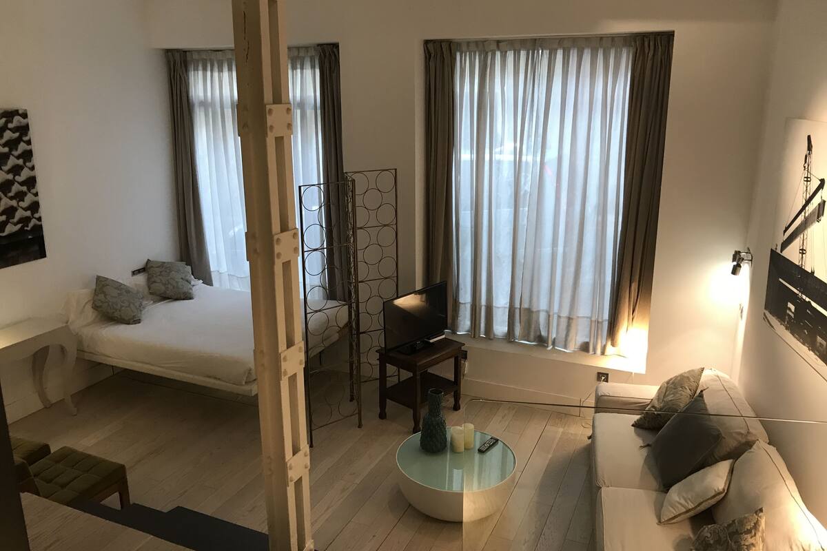 Un salon moderne avec un canapé, une table basse, un téléviseur et un lit doté de rideaux.