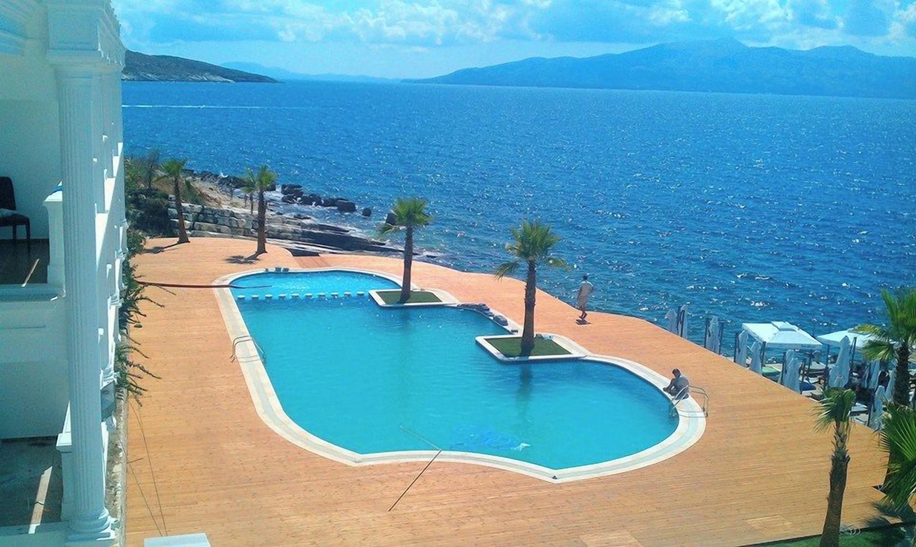 Uma piscina com design exclusivo, rodeada por palmeiras e vista para o mar.