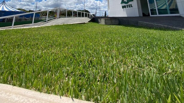 A modern building with a green roof and a sign that reads "BOTA 332 HOTEL".