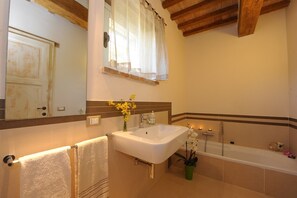 Combinació de dutxa i banyera, assecador de cabells, bidet i tovalloles 