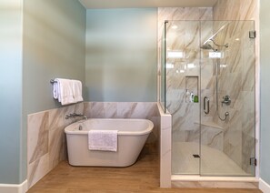 Ensemble baignoire-douche, séchoir à cheveux, serviettes fournies, savon