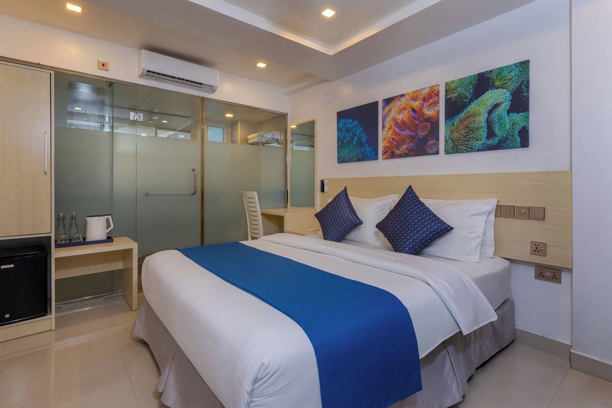 A hotel room with a bed, a desk, a wardrobe, and a shower area.