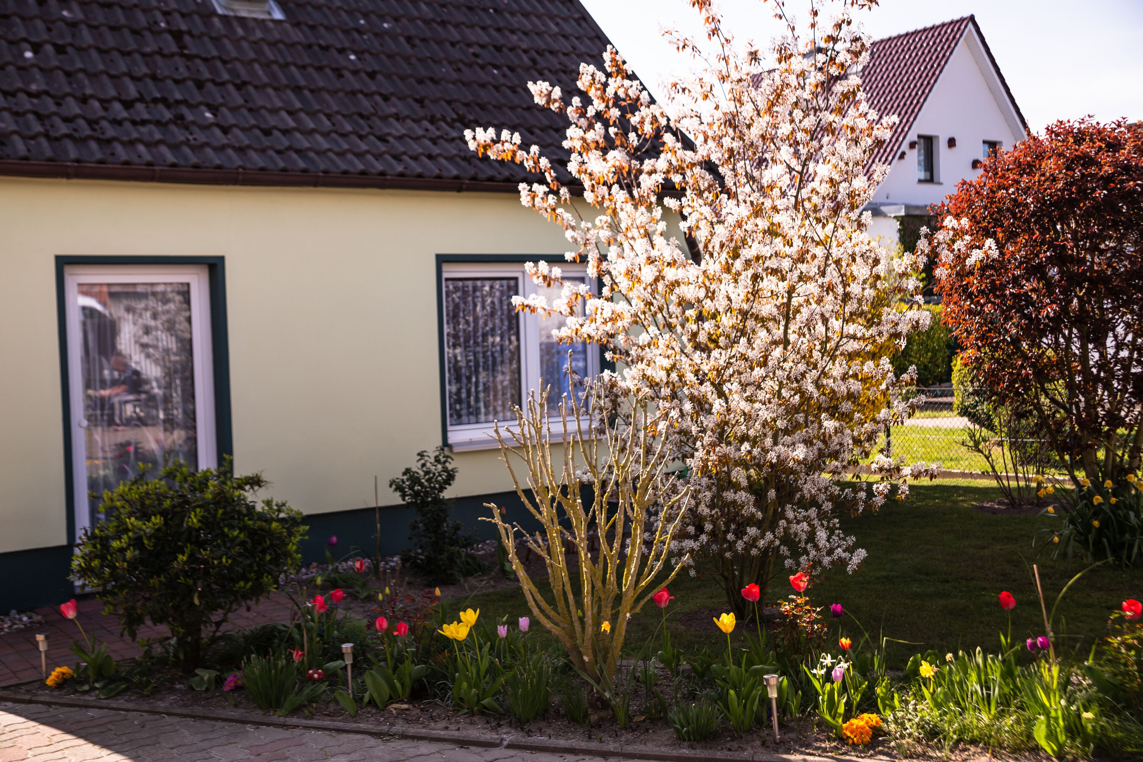 A house with a tiled roof, a garden with various flowers, and a well-maintained lawn.
