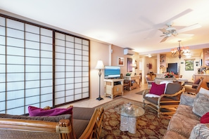 TV, DVD player, books, offices