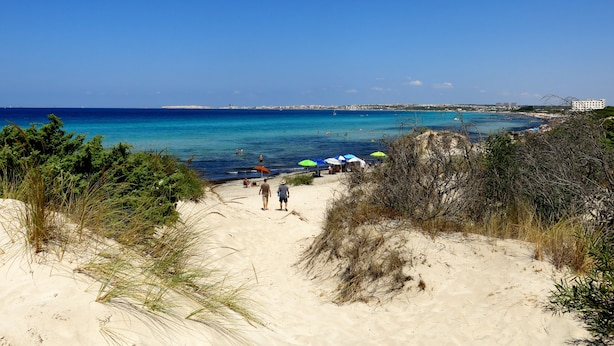 Uma praia com águas azul-claras, trilhas de areia e guarda-sóis.