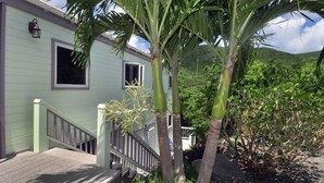 A light green building with a wooden deck and a staircase leading to a door. - Fish Tales a Caribbean Cottage style home with a Pool, walk to Reef Bay Beach (St John)