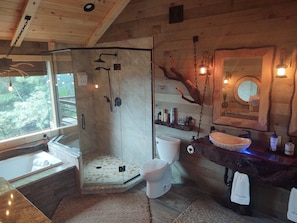 Bathtub, jetted tub, hair dryer, towels