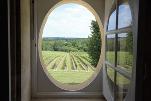 Enjoy a serene view of the surrounding vineyard from this room's oval window.