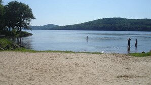 Une plage avec un rivage sablonneux et un lac paisible.