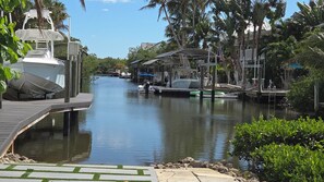 Un canal con barcos amarrados, rodeado de palmeras y un muelle de madera.