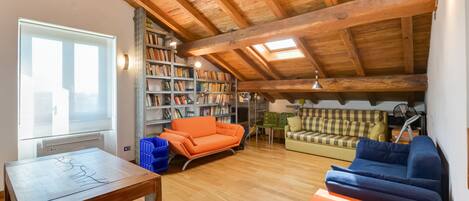 Smart TV, fireplace, DVD player, books