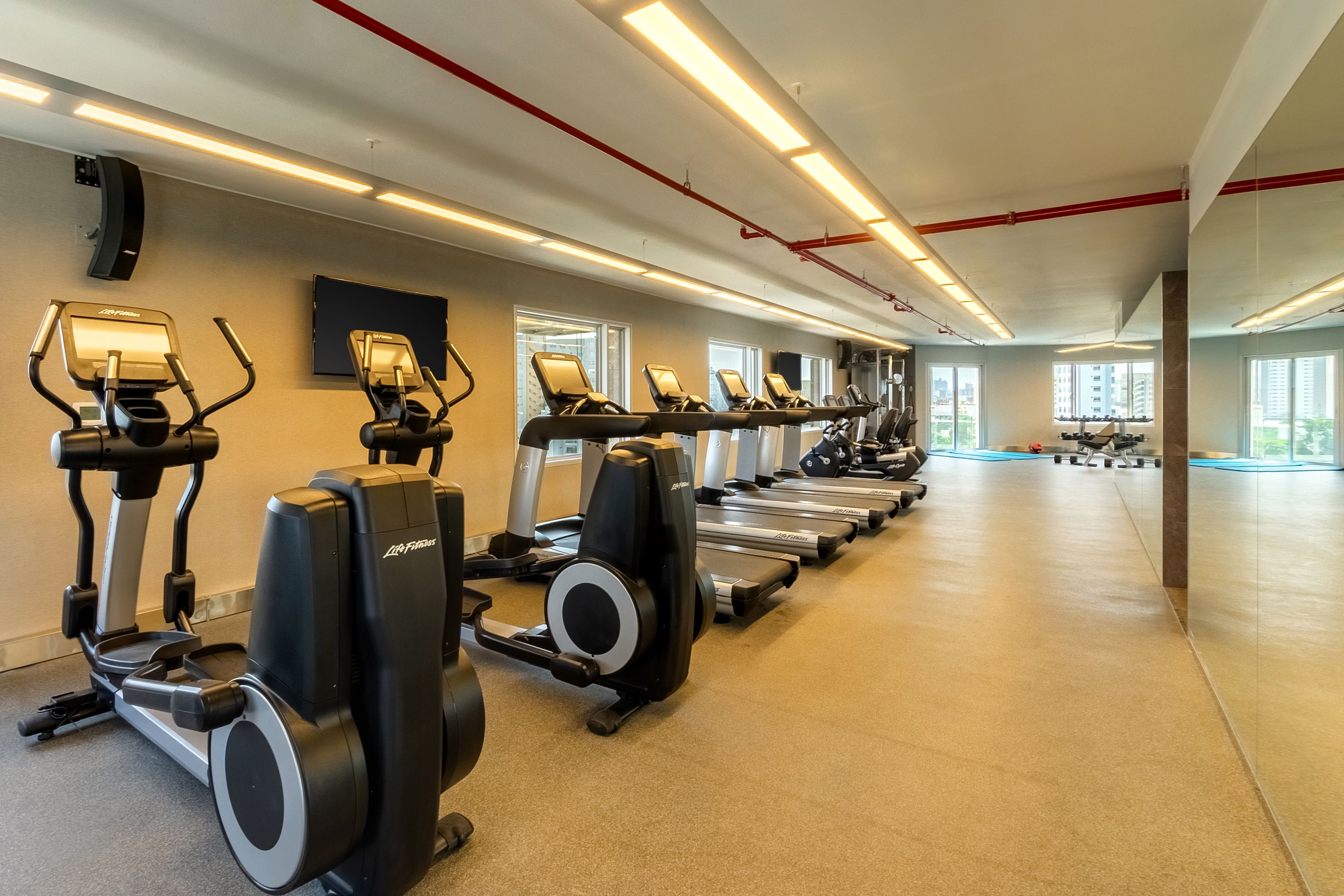 A gym with multiple treadmills and elliptical machines, large windows, and a clean, modern design.
